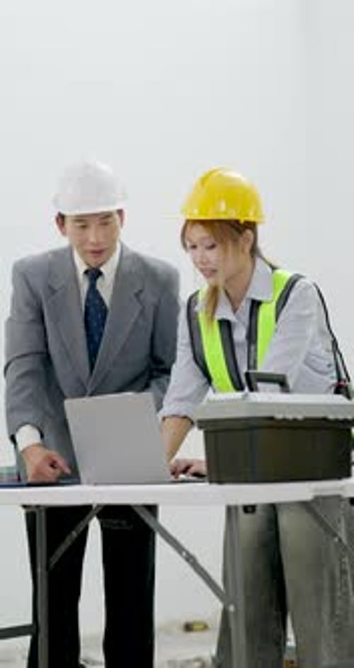 Asian engineer team points at laptop and looks upward, comparing digital plan with ceiling work for