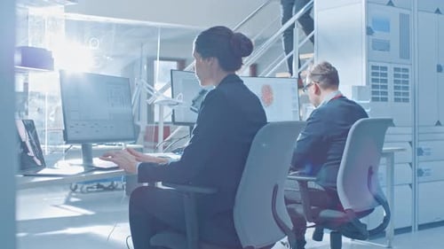 Back View of Team of Technology Engineers Working on Desktop Computers in Bright Office. Screens Sh