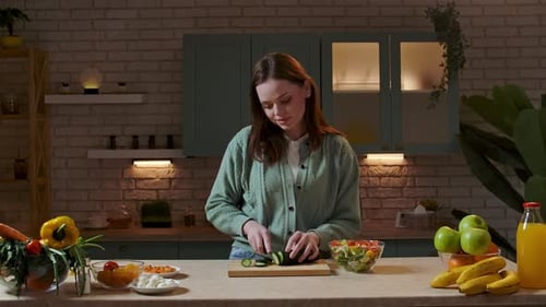 Young Woman Cuts Cucumber for Salad at Kitchen Counter