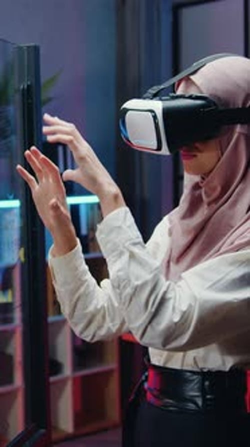 Beautiful Confident Wise Highskilled Muslim Female Office Worker in Light Violet Headscarf Standing