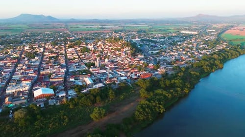 Aerial View Of The Town Of Santiago Ixcuintla At The Shores Of The Santiago River In Nayarit, Mexico