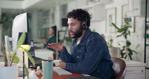 Businessman, consultant and talking with headset for online advice or consultation at call center