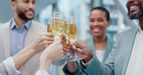 Adults Celebrate Together with Champagne Toast at Work