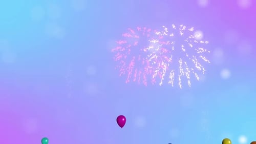 Colorful Festive Background with Floating Balloons and Fireworks
