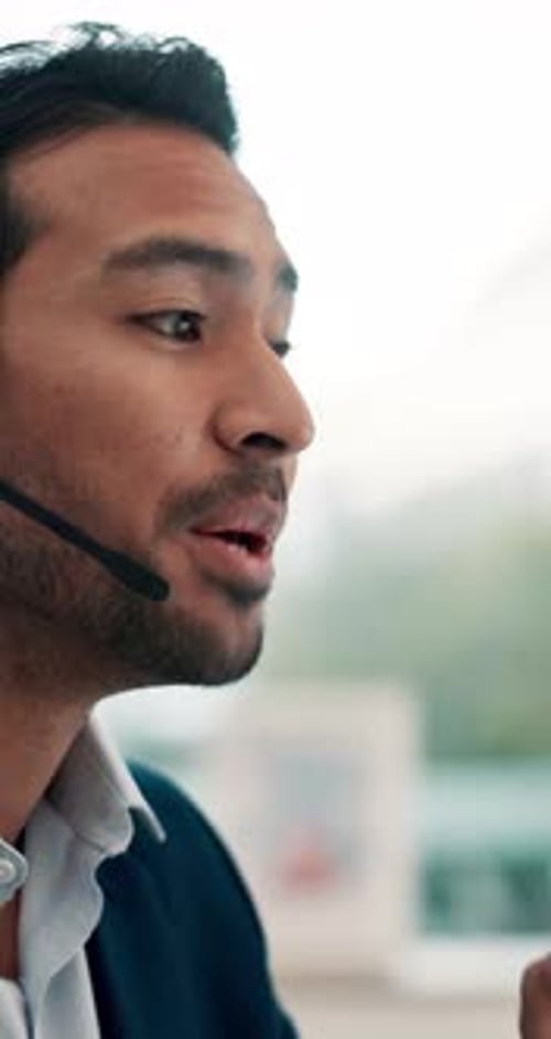 Office, talking and business man with headset for stock market, investment advisor and feedback