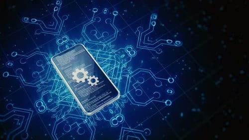 Handycode mit blauem 4K-Technologie-Hintergrund läuft