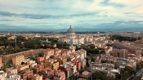Rome Italy Vatican City St. Peter the Apostle Square train tracks aerial view drone side flight view