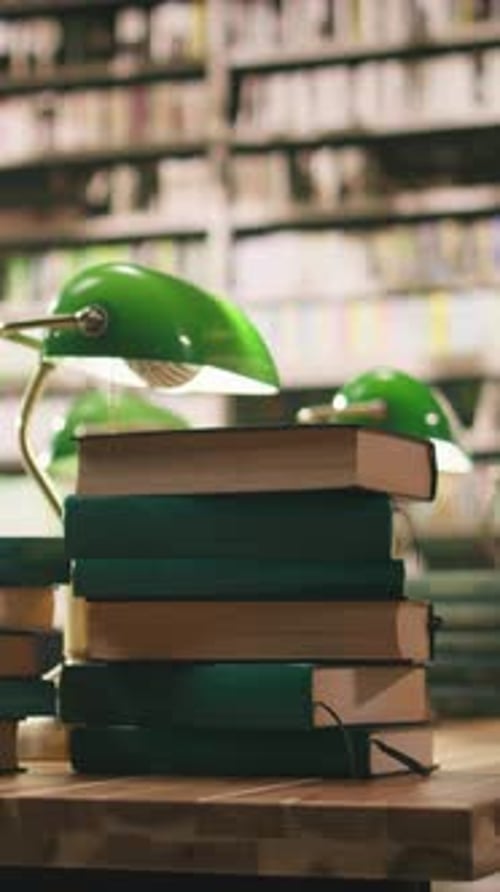Vertical Video Pile of Hardcover Books on Wooden Desk in Empty College Library