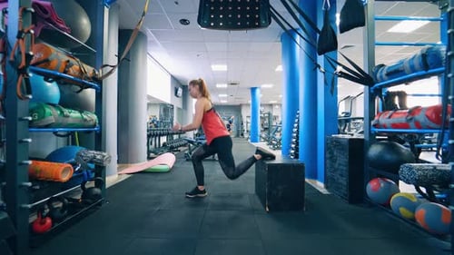 Woman doing squats in the gym. Girl in sportswear squats with obstacle in the modern fitness center.