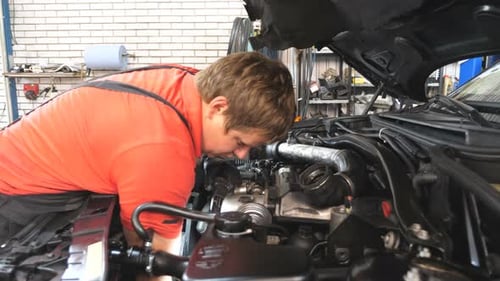 Young Adult Mechanic Repairing Car Engine