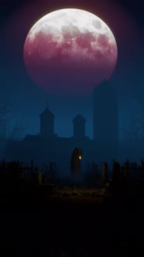 Eerie Graveyard with Blood Moon and Flickering Lantern for Halloween