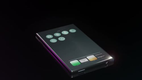 Starting Chat app on smartphone on glass black table. Text window placeholder