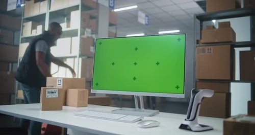 Pantalla de computadora con pantalla verde Chroma Key Sorting Center, empleado descargando paquetes