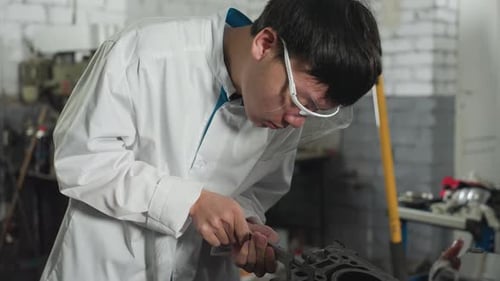 Young Technician Measuring Engine Thickness in Automotive Workshop