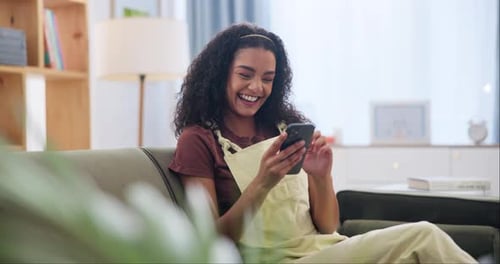 Woman, laughing and search with phone on sofa for streaming, social media post