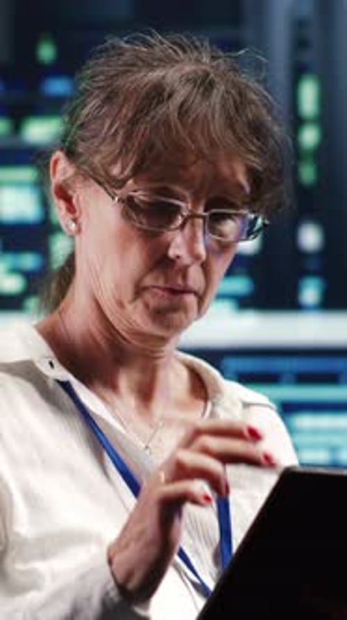 Woman Working with Tablet in Data Center