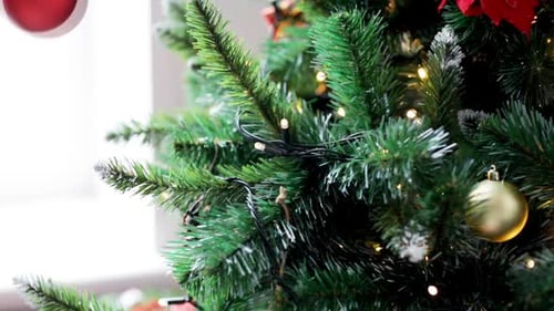 Decorating Christmas Tree With Red and Gold Ornaments
