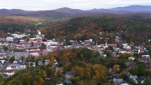 Aerial Drone Shot Of Montpelier Vermont, New England Town At Sunset Slow Motion