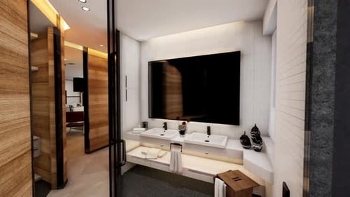 Modern 3D Animated Bathroom Interior and Rubber Ducks in Bathtub