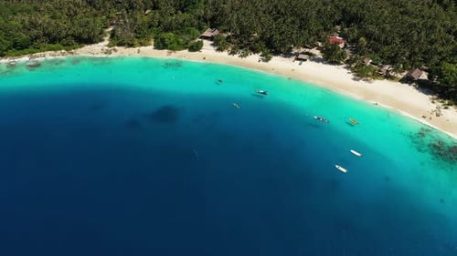 Aerial view of amazing tropical island with palm trees and bungalows in Indonesia