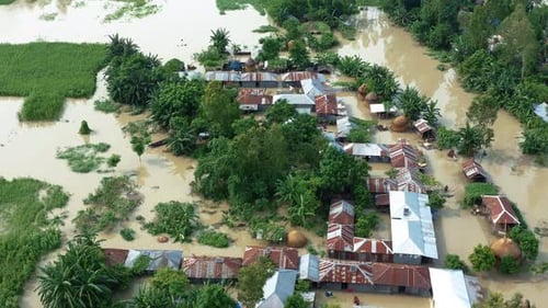 Aerial view of flooded village, Bangladesh.