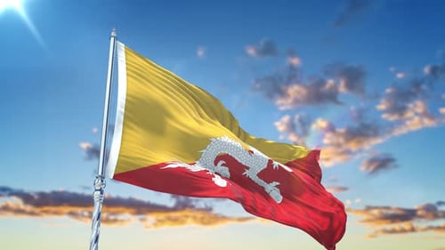 Bhutan Flag Waving Realistic With Sky