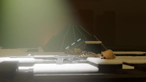 Post-Apocalyptic Survival Scene with Rifle, Skeleton, and Skull