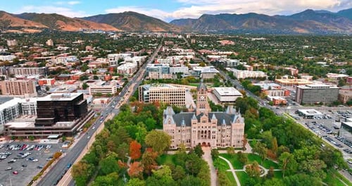 Flying over the Salt Lake City and County Building in Salt Lake City, Utah, USA.
