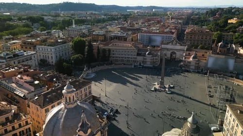 Forward Drone Shot Above Piazza del Popolo in Historic Rome, Italy