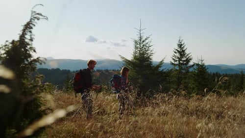 Couple Hiking in Mountain Wilderness Landscape on Sunny Day