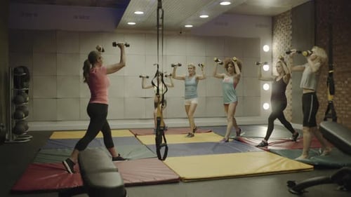 Group of adult women exercising with weights in gym