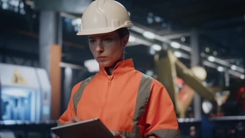 Technician Tablet Checking Production Process Workshop Close Up Woman Engineer