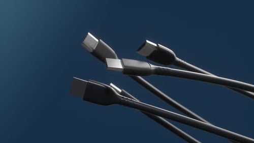 HDMI cables spinning on blue background.Close-up view plug .USB connectors for computer video.Loop