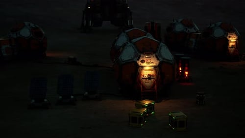 Mars Colony Base Illuminated at Night Showcasing Habitat Modules and Supplies