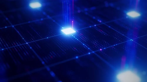 Nahaufnahme der zentralen Datenverarbeitungseinheit für Mikrochips mit künstlicher Intelligenz auf der Leiterplatte Quantum