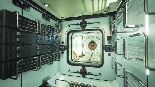 Vue intérieure d'un module de station spatiale montrant un système de rangement et de sas