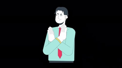 Animation de personnage 2D avec un jeune travailleur agacé, bras croisés, sans ligne