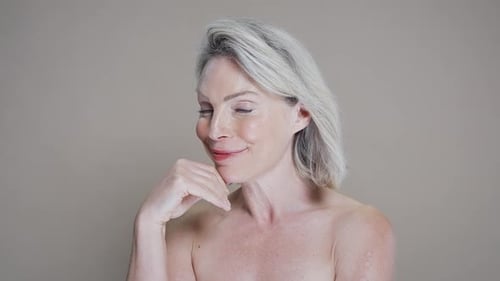 Smiling Woman with Gray Hair Close Up Portrait