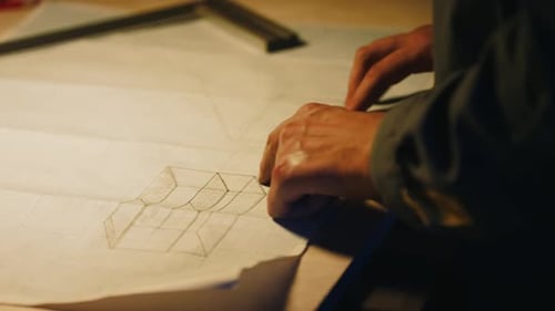 A male engineer works with drawings lying on the table, using a pencil