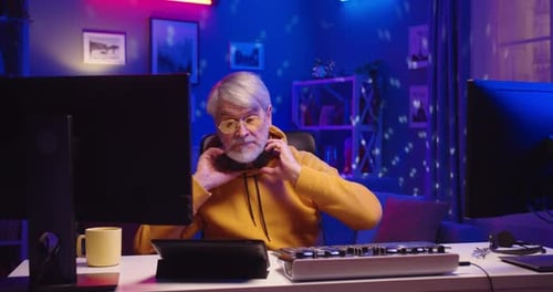 Portrait of Happy Senior Male DJ Playing on Equipment at Home Recording New Music Studio Workshop