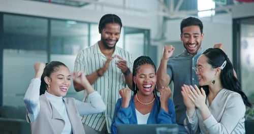 Happy, applause or business people with laptop and smile for company growth