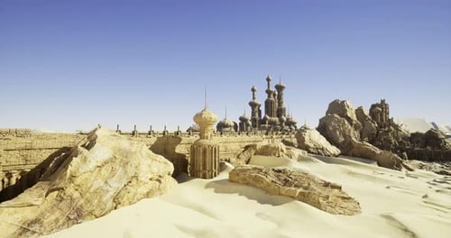 Desert Landscape Featuring a Grand Ancient City with Intricate Architecture