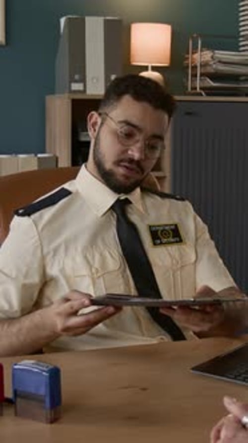 Desk Clerk Reviews Documents in Office Setting