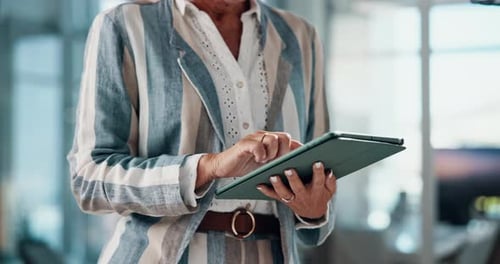 Business, tablet and hands of person online for research project, website and internet in office