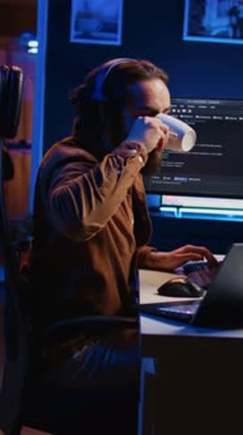 Programmer Does Multitasking Drinks Coffee Listens Music