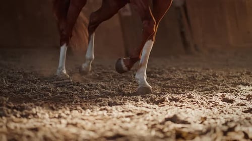 Fast Horse with White Socks Gallops on Leash Around Arena