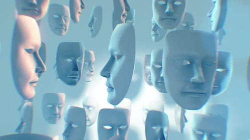 Animated Surreal Masks Floating in Abstract Space