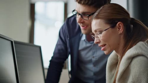 It Programmers Discussing Project in Office Closeup. Hands Typing Computer Code Creating