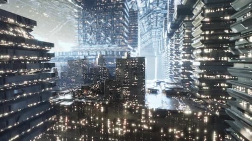 Ciudad futurista que se eleva en el cielo con edificios y luces relucientes