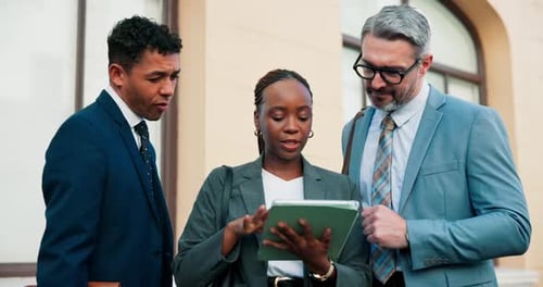 City, employees and people with tablet, talking or planning for criminal case, lawyers and teamwork